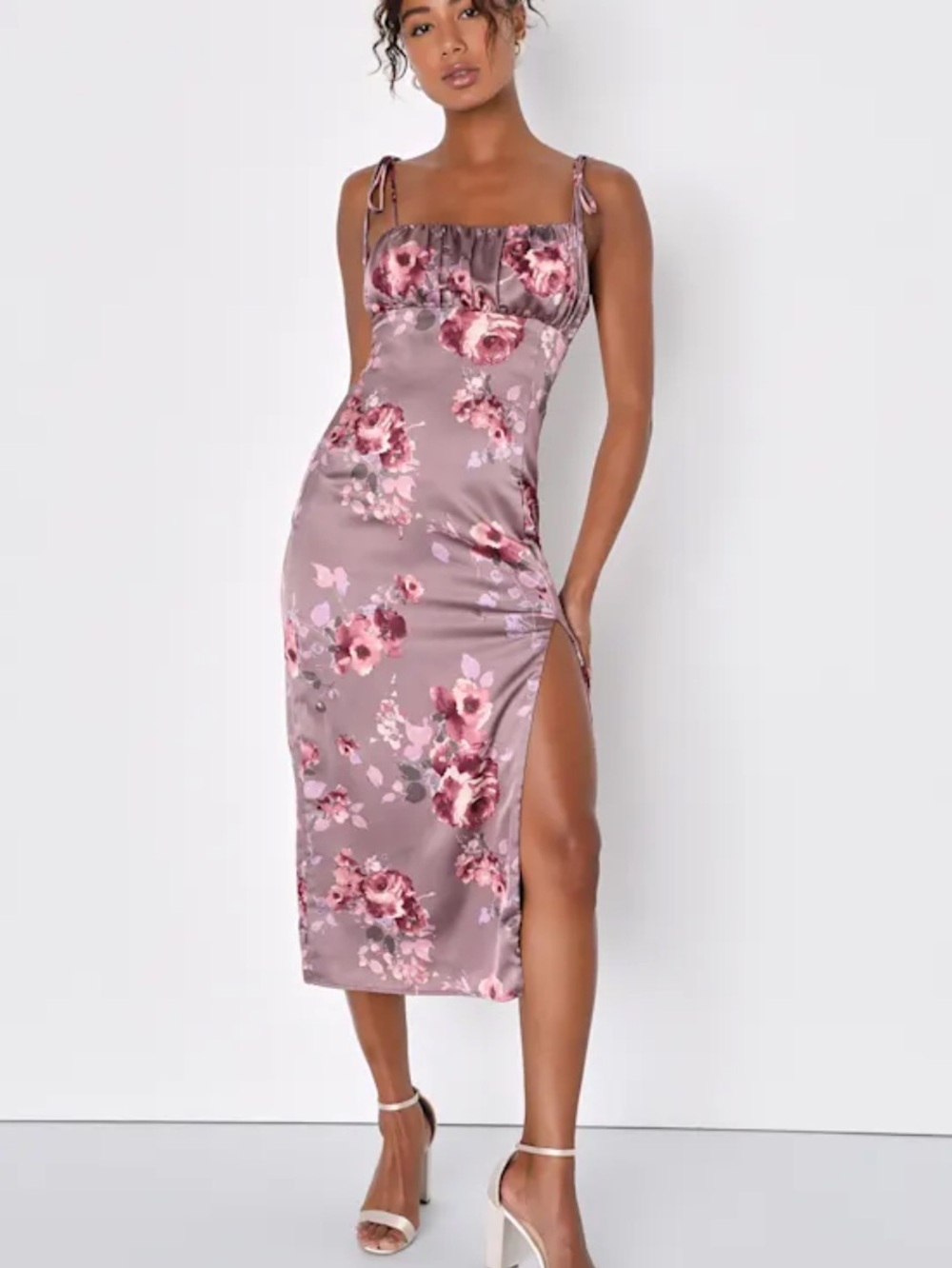 New Lulus Fleur-ty Tie Strap Floral Satin Slip Midi Dress in Mauve Pink Sz Large